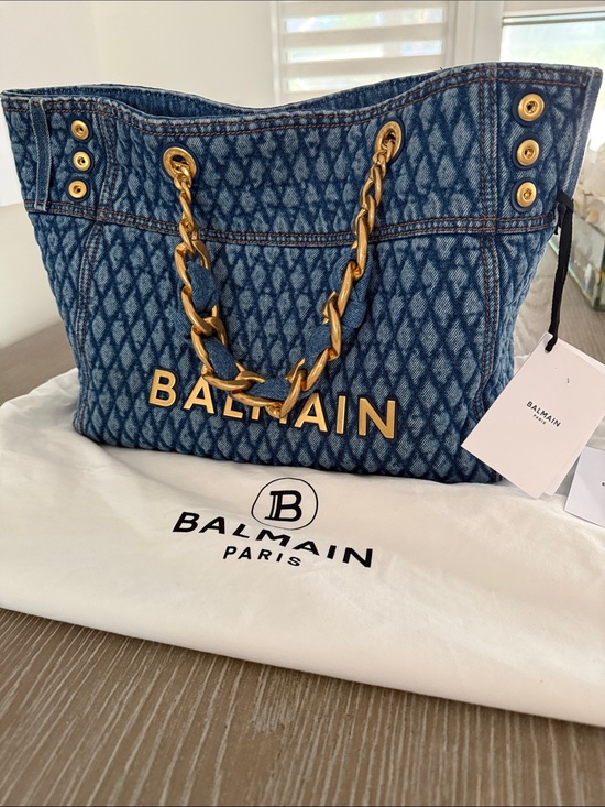 Balmain Handbags - Balmain Denim Monogram Quilted Tote with Gold Chain